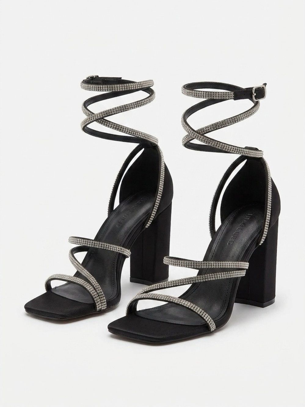 Black Strappy Rhinestone Wrap Heeled Sandals